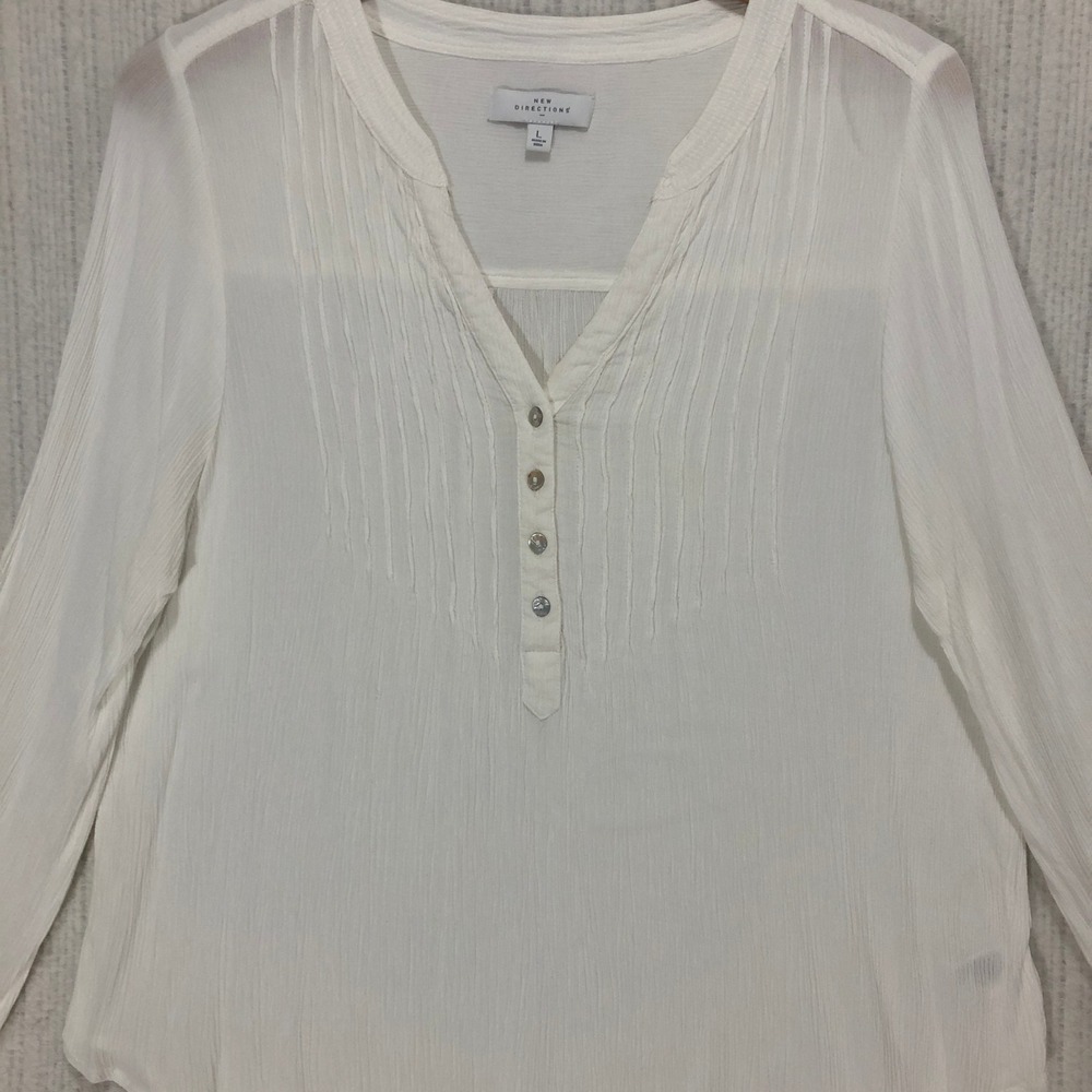 New Directions Womens White Pintuck Pleated Rayon Gauze Blouse Large Long Sleeve